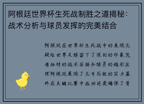 阿根廷世界杯生死战制胜之道揭秘：战术分析与球员发挥的完美结合