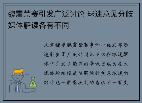 魏震禁赛引发广泛讨论 球迷意见分歧媒体解读各有不同